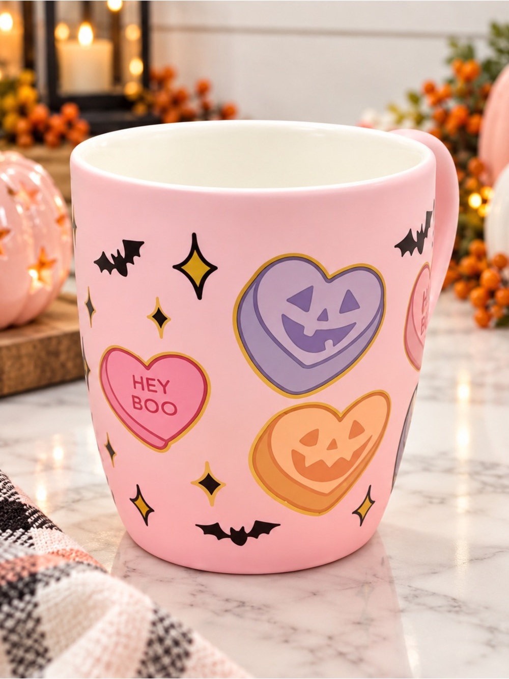 NEW Cute Pink Hey Boo Halloween Mug with Heart Designs